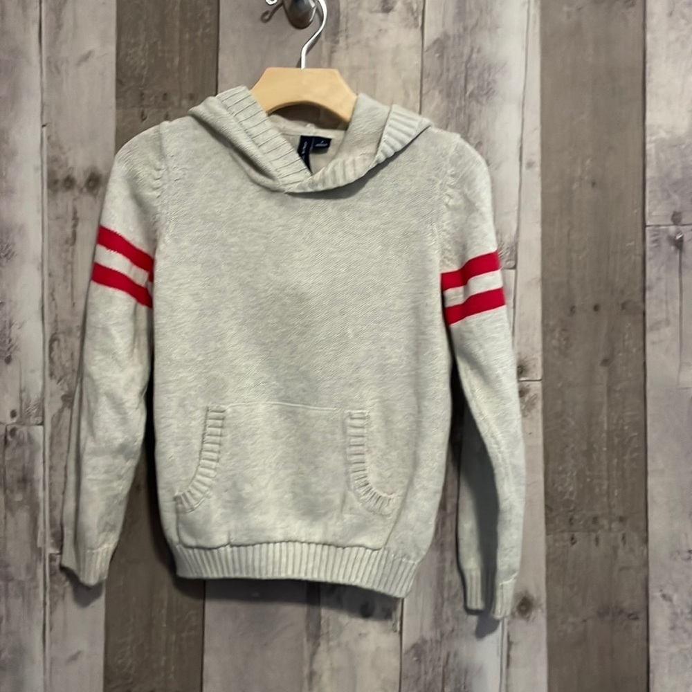 Janie and Jack hoodie sweater gray oatmeal with red arm stripes size 6